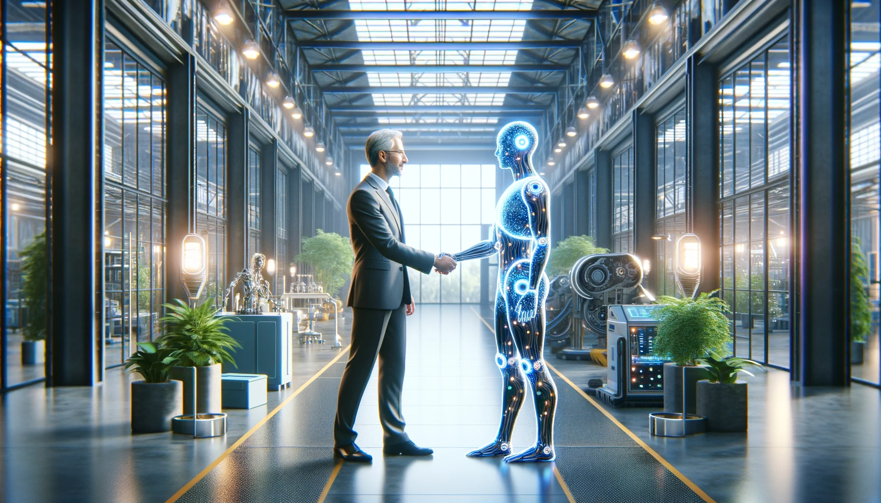Un uomo in giacca e cravatta stringe la mano a un robot in una fabbrica moderna.