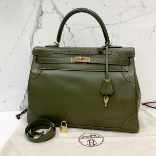 Hermes Kelly Ghillies 35, Olive Green Swift, Q Stamp