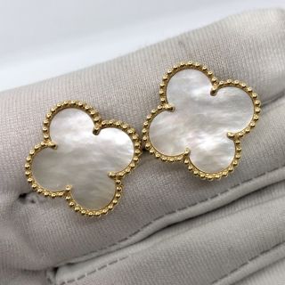 VAN CLEEF & ARPELS FINE JEWELRY EARRINGS MAGIC ALHAMBRA MOP MOTHER OF PEARL CLIP-ON YG750 12.13G JE641763