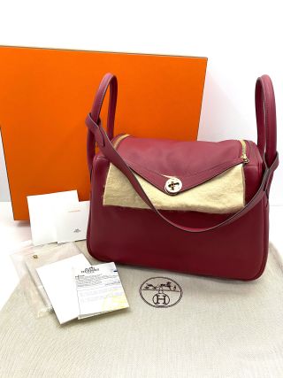 Hermes Lindy 30, Rouge Grenat Swift Leather (Orange Veau interior), X stamp