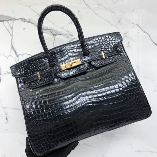 Hermes Bag Birkin 35 Black Porosus Crocodile GHW, D Square Stamp