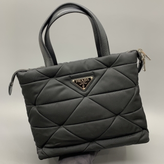 PRADA BAG NYLON 1BG373 ZIP QUILTED PADDED RE-NYLON 2WAY TOTE W/POUCH BLACK