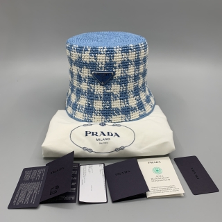 PRADA  BUCKET HAT 1HC137 STRAW RAFFIA WOVEN BLUE/WHITE SIZE L