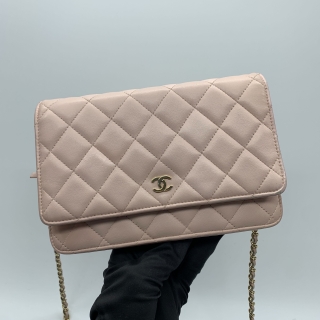 CHANEL BAG LAMBSKIN WALLET ON CHAIN WOC PINK NO.23 W/CARD RETOUCHED