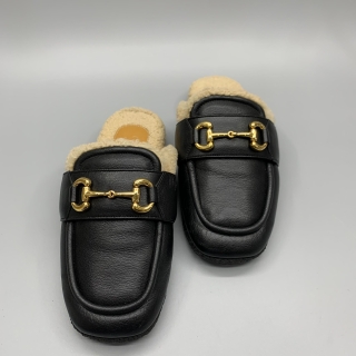 GUCCI SHOES SLIP ONS 771061 HORSEBIT MULE FUR SLIPPER BLACK #37.5