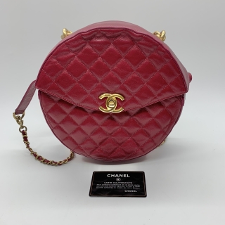 CHANEL BAG MATELASSE LAMBSKIN ROUND CHAIN SHOULDER CROSSBODY RED NO.25 W/ CARD