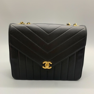 CHANEL BAG CHEVRON CALF SKIN BLACK CHAIN SHOULDER BAG RE-COLOR