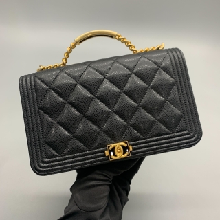 CHANEL BAG CAVIAR SKIN BOY MATELASSE BLACK TOP HANDLE CHAIN SHOULDER RFID