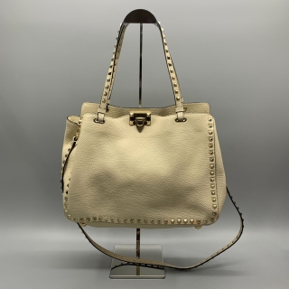 VALENTINO BAG LEATHER 2WAY SHOULDER TOTE ROCKSTUD WHITE