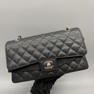 CHANEL BAG CLASSIC FLAP CAVIAR 25CM MEDIUM DOUBLE FLAP BLACK SHW A01112 MICROCHIP KPJXXE71