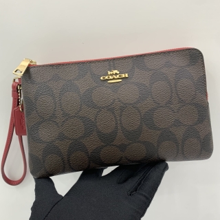 COACH  F16109 PVC DOUBLE ZIP SIGNATURE WRISTLET POUCH