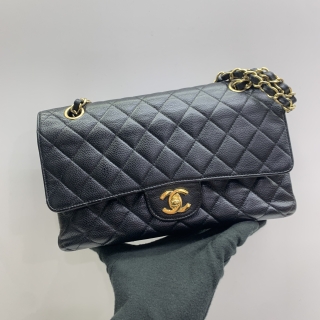 CHANEL BAG MATELASSE CAVIAR SKIN MEDIUM 25CM W DOUBLE FLAP CHAIN SHOULDER GHW BLACK NO.12 W/CARD