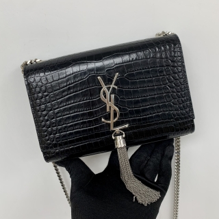 YSL BAG KATE TASSEL 474366 CROCO EMBOSSED BLACK SHW