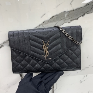 YSL SLG ENVELOPE 437473 GOATSKIN WALLET ON CHAIN BLACK