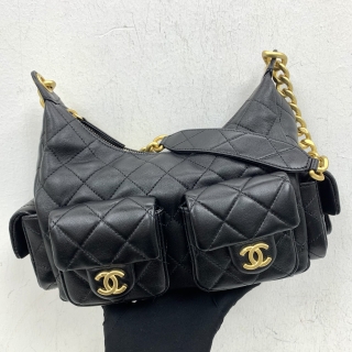 CHANEL BAG LAMBSKIN 25C AS5339 LARGE HOBO CHAIN ONE SHOULDER BLACK GHW MICROCHIP N9K38645