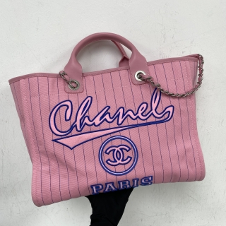 CHANEL BAG DEAUVILLE CANVAS 2WAY 38CM W/POUCH SHW PINK STRIPES MICROCHIP T8012577
