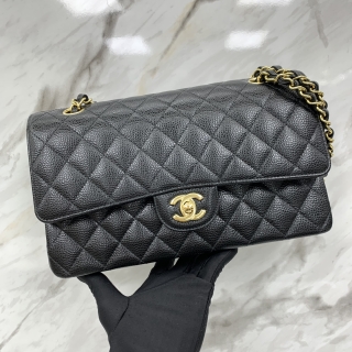 CHANEL BAG MATELASSE CLASSIC FLAP CAVIAR SKIN 25CM MEDIUM DOUBLE FLAP GHW BLACK RFID MICROCHIP E0HN2G55