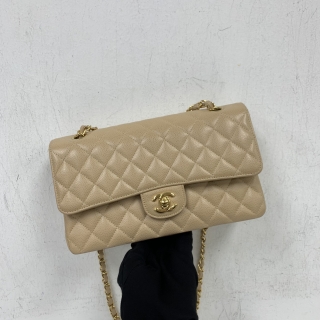 CHANEL BAG CLASSIC FLAP A01112 CAVIAR SKIN MEDIUM 25CM MICROCHIPPED GHW BEIGE J751HG26