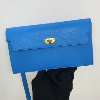HERMES SLG KELLY WALLET KELLY POCKET LONG WALLET CHEVRE BLUE W STAMP