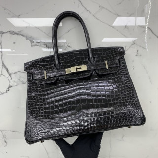 HERMES BAG BIRKIN 30 POROSUS CROCODILE BLACK PHW T STAMP W/RECEIPT & CITES CERT