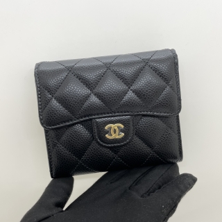 CHANEL SLG CAVIAR SKIN TRIFOLD COMPACT WALLET BLACK GHW RFID