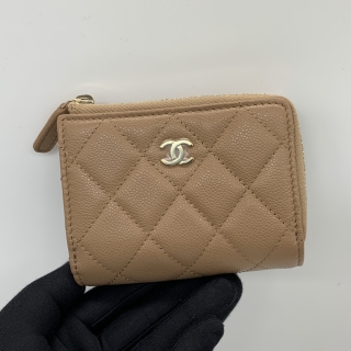 CHANEL SLG CAVIAR SKIN COMPACT TRIFOLD WALLET BEIGE L8E20CN3