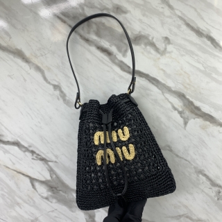 MIU MIU BAG 5ND016 RAFFIA DRAWSTRING MINI SHOULDER BLACK