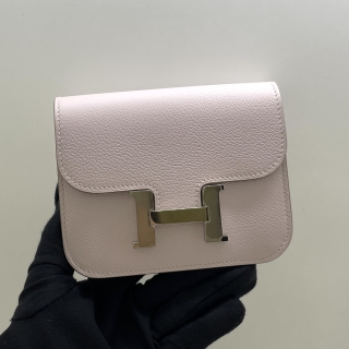HERMES SLG CONSTANCE SLIM COMPACT W/POUCH BICOLORE MAUVE PALE/ROUGE SELLIER B STAMP