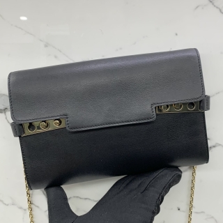 DELVAUX BAG TEMPETE CLUTCH CALF SOUPLE CHAIN W/MIRROR BLACK