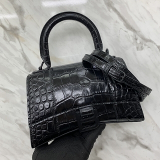BALENCIAGA BAG 592833 HOURGLASS XS CROC EMBOSSED MATTE BLACK 2WAY