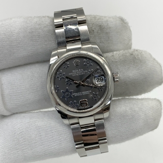 ROLEX WATCH DATEJUST 178240 31MM FLOWER MOTIF GREY DIAL G SERIAL W/BOX & GUARANTEE CARD