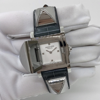 HERMES WATCH MEDOR ME3.231 DIAMOND CROCODILE ALLIGATOR STRAP QUARTZ MOVING FULL SET 2015 3196245