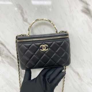 CHANEL BAG VANITY AP3576 LAMBSKIN CAMELIA TOP HANDLE 2WAY BLACK MICROCHIPPED LU6PCG04