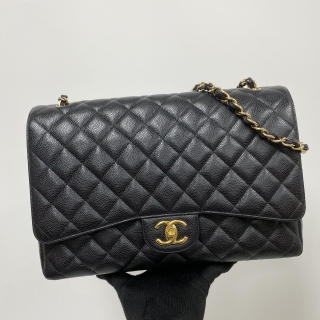 CHANEL BAG MATELASSE A58601 CAVIAR SKIN 33CM MAXI WFLAP CHAIN SHOULDER BLACK GHW NO.19 W/CARD 19112851