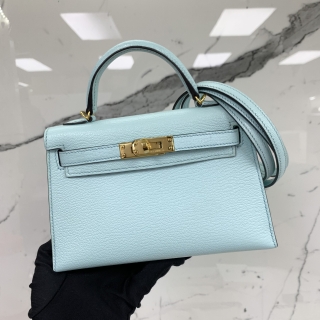 HERMES BAG KELLY II SELLIER MINI CHEVRE MYSORE BLEU ZEPHYR GHW B STAMP