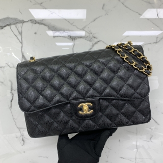 CHANEL BAG CLASSIC FLAP 30CM JUMBO CAVIAR W/FLAP DOUBLE FLAP BLACK GHW NO.29 W/CARD