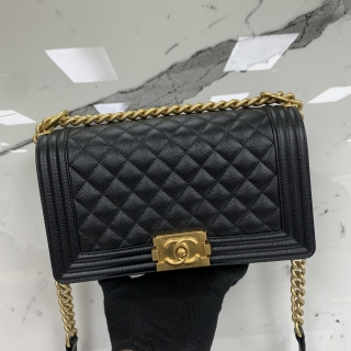 CHANEL BAG BOY A67086 CAVIAR SKIN MATELASSE OLD MEDIUM 25CM GHW BLACK MICROCHIPPED