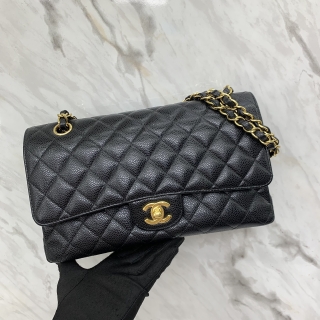 CHANEL BAG MATELASSE CAVIAR SKIN MEDIUM 25CM DOUBLE FLAP CHAIN SHOULDER BLACK GHW NO.23 W/CARD