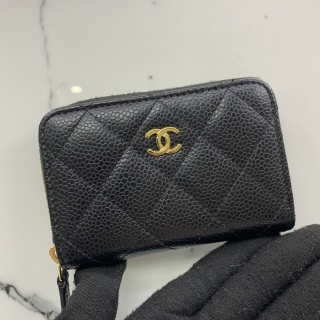 CHANEL SLG CAVIAR SKIN COIN CASE ROUND COMPACT RFID