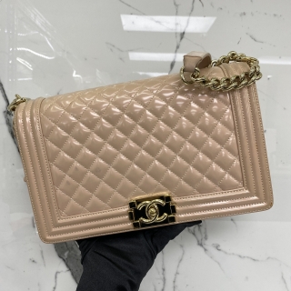 CHANEL BAG BOY 28CM PATENT ENAMEL BEIGE GHW NO.22 WC 22409968