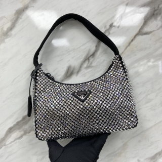 PRADA BAG SATIN ONE SHOULDER EMBELLISHED CRYSTAL BLACK RE-EDITION 2000