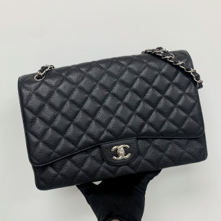 CHANEL BAG MATELASSE CAVIAR SKIN CLASSIC FLAP 30CM JUMBO BLACK SHW W/CARD NO.13 13418393