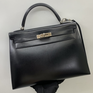 HERMES BAG KELLY 32 BOX CALF PHW NOIR, □K STAMP