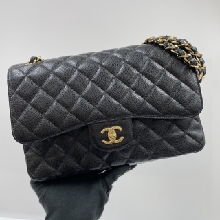 CHANEL BAG CLASSIC FLAP CAVIAR SKIN JUMBO 30CM BLACK GHW NO.29 WITH CARD
