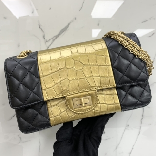 CHANEL BAG 2.55 CROC EMBOSSED 255 24CM DOUBLE FLAP LAMBSKIN BLACK/GOLD NO.28 NO CARD SALES ITEM 28157257