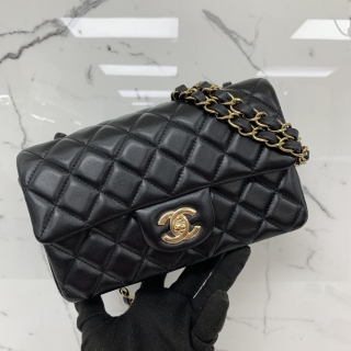 CHANEL BAG CLASSIC FLAP LAMBSKIN 20CM MINI RECTANGLE FLAP BLACK GHW