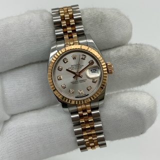ROLEX WATCH OYSTER PERPETUAL 179171G DATEJUST DIAMOND SILVER DIAL W/CERT 2014 49YL5324