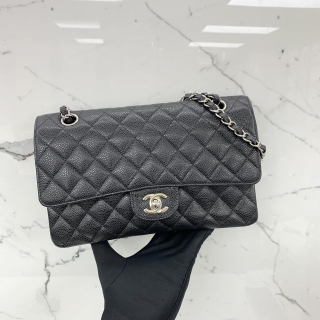 CHANEL BAG CAVIAR SKIN MEDIUM DOUBLE FLAP 25CM BLACK SHW NO.16 W/CARD 16515153
