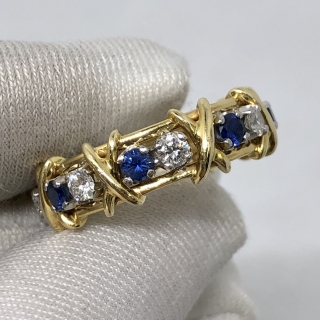 TIFFANY FINE JEWELRY RING SCHLUMBERGER SIXTEEN STONE WITH DIAMONDS AND SAPPHIRES PT950 YG750 8.41G