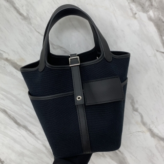 HERMES BAG PICOTIN 18 CARGO K STAMP TOILE GOELAND/SWIFT PHW NOIR BLACK (W/LOCK, KEYS)